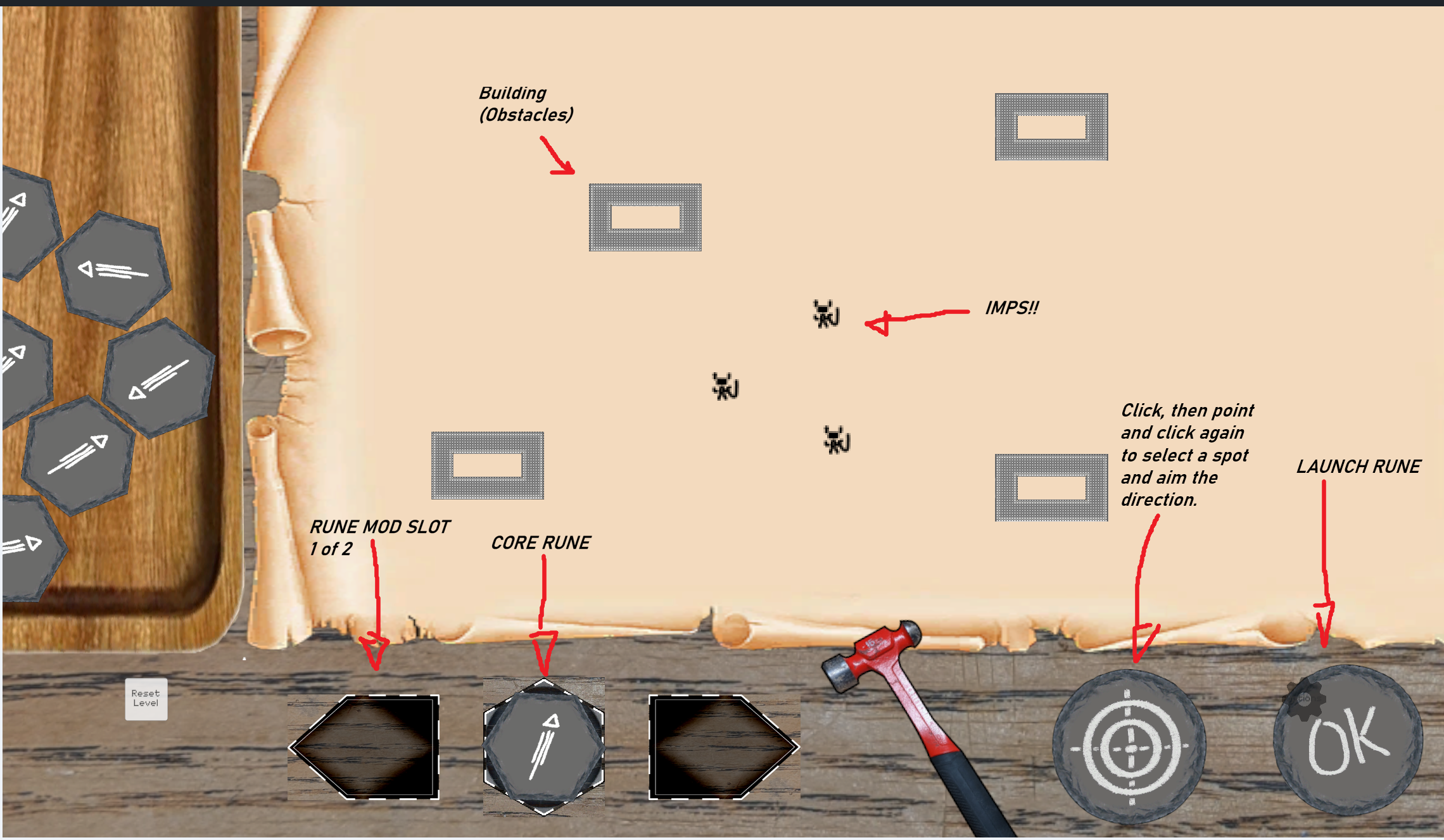 Imp Unsummoning WebGL UI: parchment playfield with 1-bit imps and obstacles, wooden tray of runes, core rune slot, modifier slots, aim control, OK launch, and hammer.